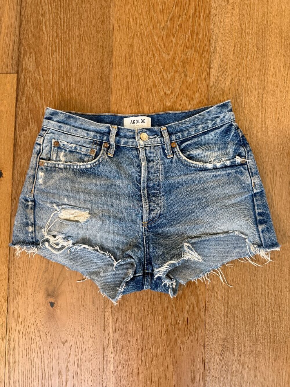 AGOLDE Women's Parker Size 24 Blue High Rise Distressed Denim Jean Shorts